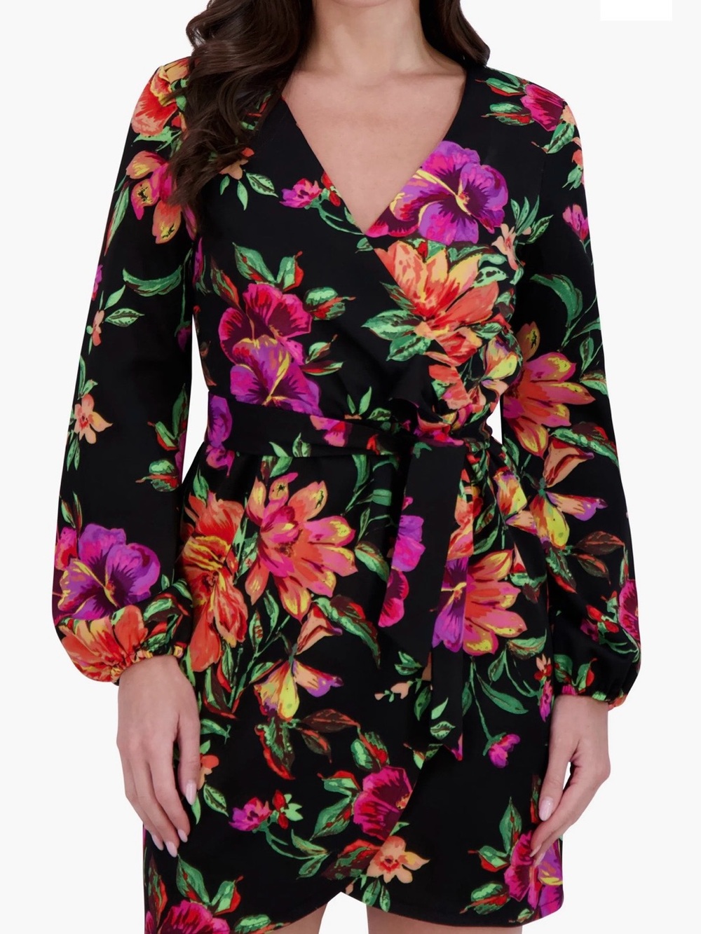 Siena Studio Black Floral Wrap Mini Dress with Pink, Purple & Orange Blooms